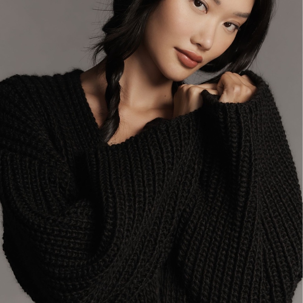Anthropologie Long and Chunky Black Duster Cardigan with Tan Fringe (one size) - Picture 2 of 10